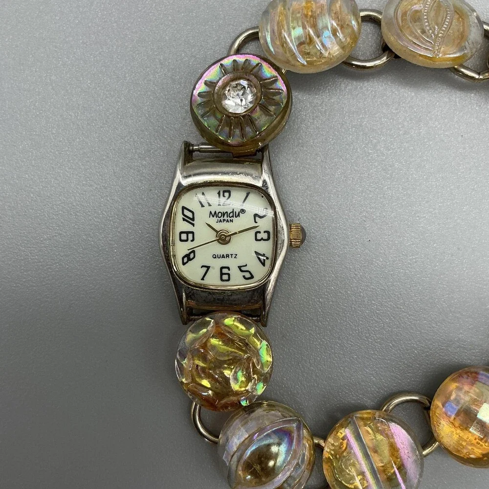 Mondu Womens Watch 18mm MOP Dial Silver Case Gold Bead Bracelet New Battery 7
